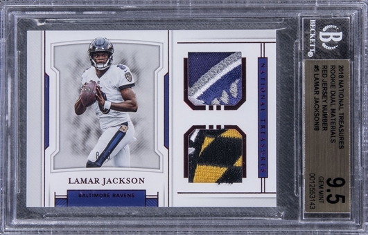 2018 National Treasures "Rookie Dual Materials" (Red Jersey Number) #5 Lamar Jackson Patch Card (#8/8) – BGS GEM MINT 9.5